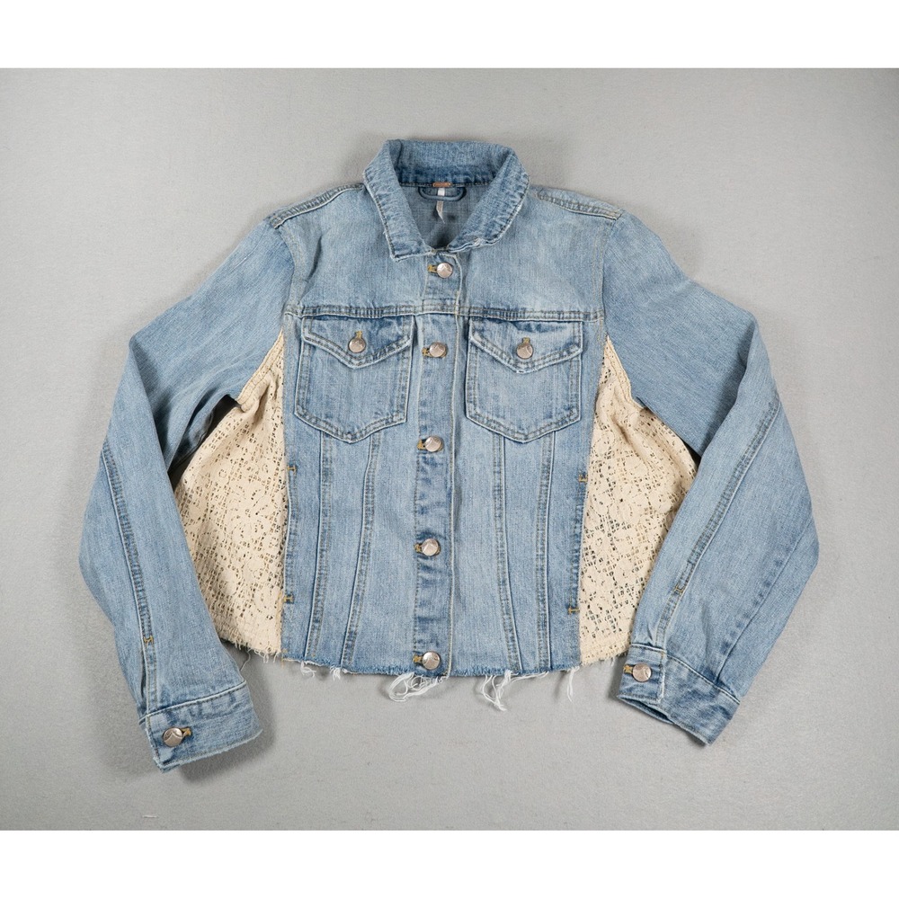 Free People Womens Denim Jacket Lace Panel Frayed Hem Light Wash Blue Small Boho